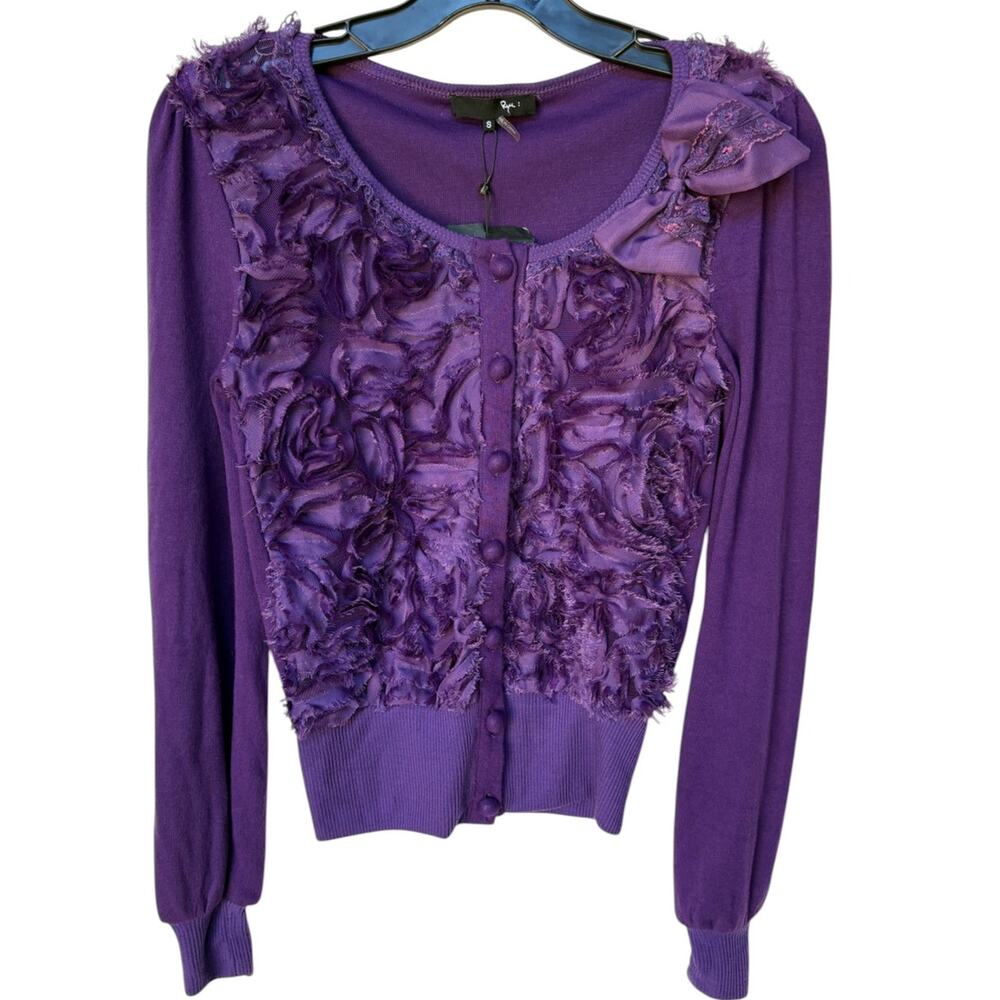 Rye Purple Very Fairy Coquette Mesh Front Cardi with Bow and Lace Trim XS NWT